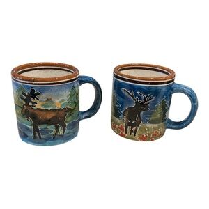 Julie Ueland MOOSE ELK Mugs Cups 2002 Blue Brown Pine Tree  Enesco